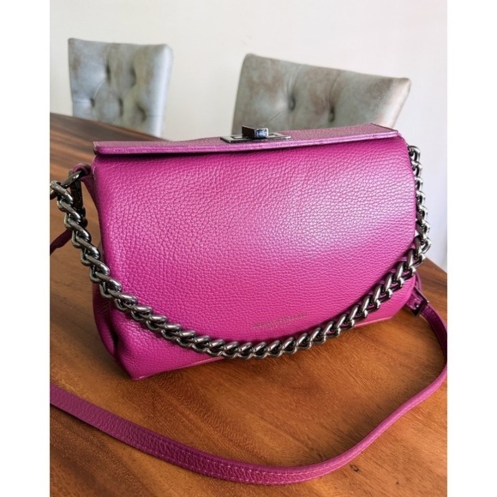 Viola Castellani Italian Leather Crossbody Bag Gunmetal Chain Strap Magenta Pink